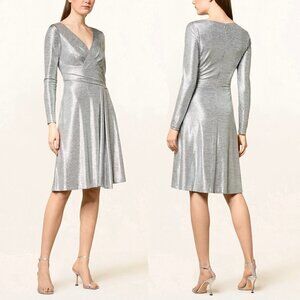 Ralph Lauren Size 6 Long Sleeve Cocktail Dress Metallic Silver Faux Wrap V Neck